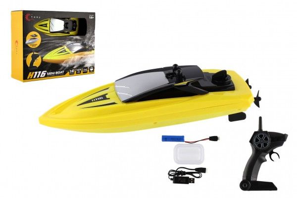 Motorový člun/loď do vody RC plast 22cm žlutý na baterie+dob. pack+USB 2